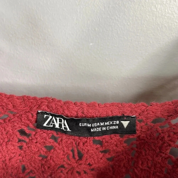 ZARA Crochet Crop Tank Top Rusty Maroon Spaghetti Strap Bohemian Festival M - Picture 4 of 9